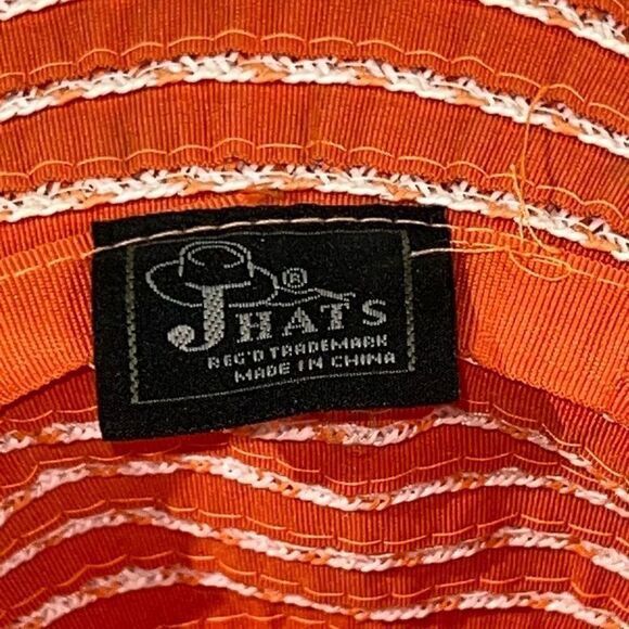 J Hats Wide Brim Straw Ribbon Sun Hat Orange Apricot & White Floppy Wire Brim - Picture 7 of 7